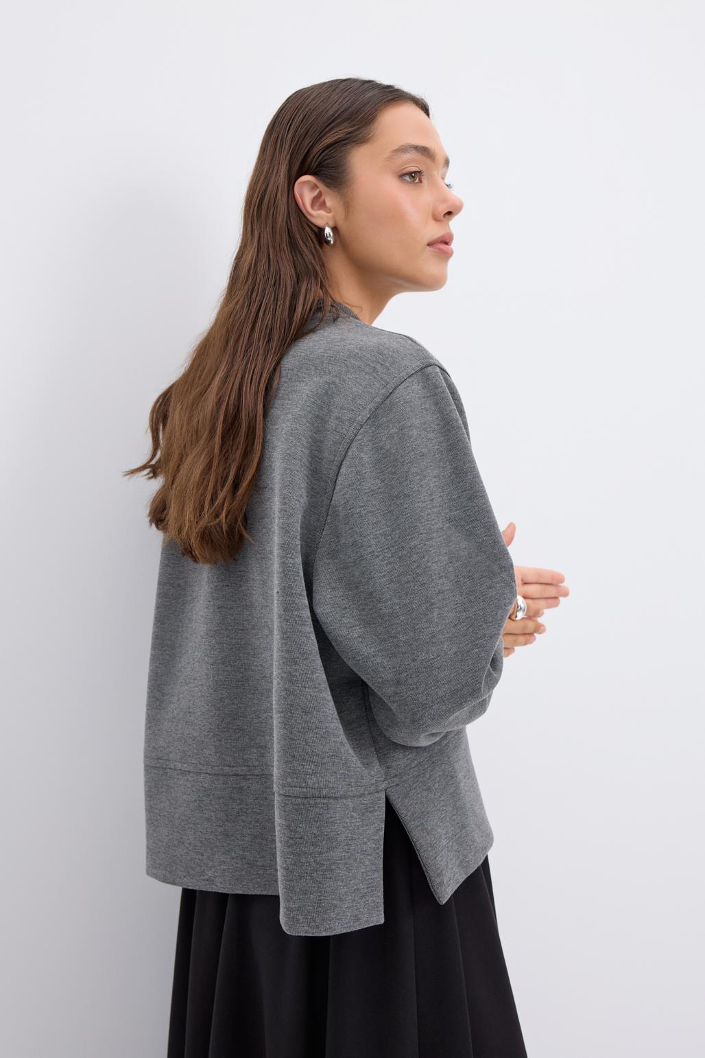 Oversize Yandan Yırtmaçlı Kısa Sweatshirt Antrasit Gri