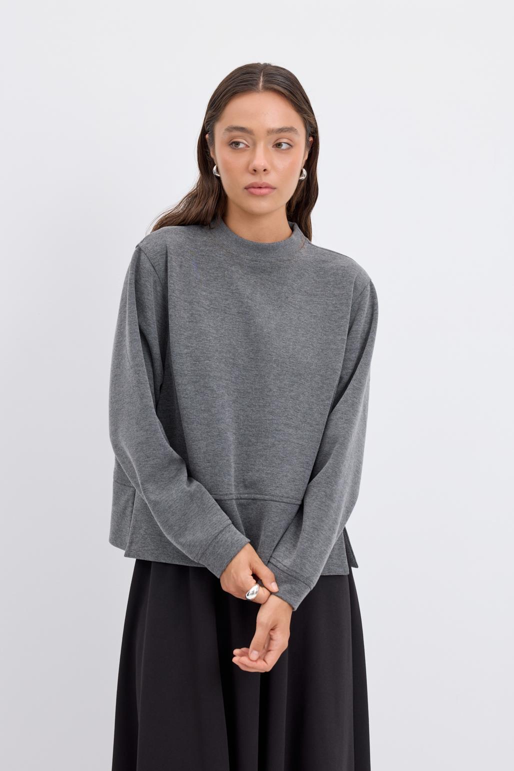 Oversize Yandan Yırtmaçlı Kısa Sweatshirt Antrasit Gri