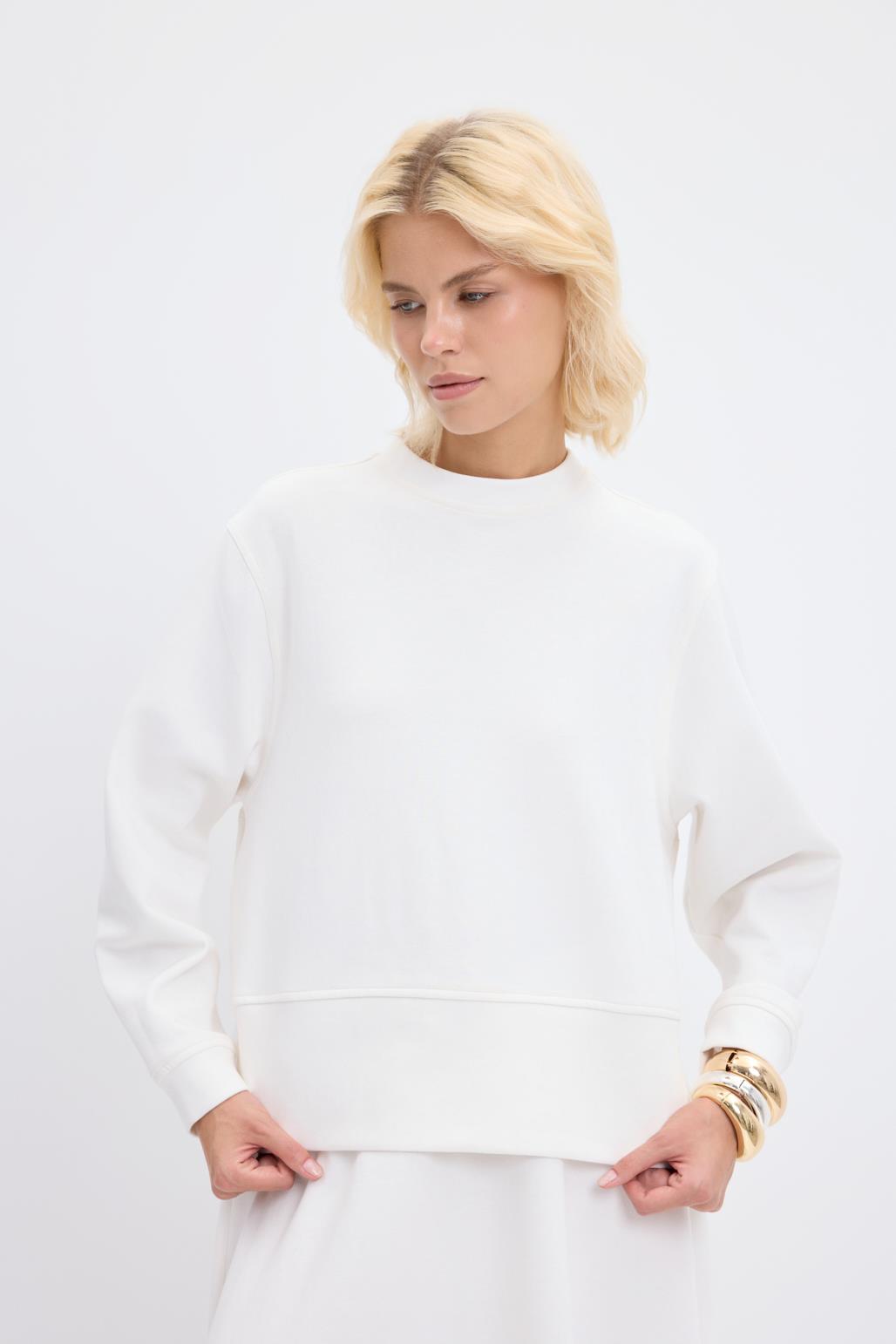 Oversize Yandan Yırtmaçlı Kısa Sweatshirt Ekru