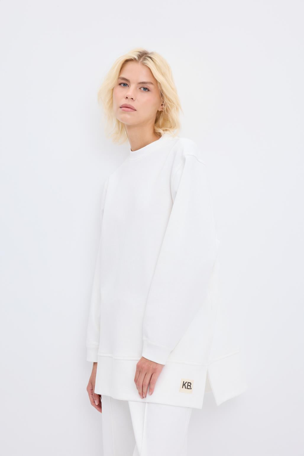 Oversize Yandan Yırtmaçlı Sweatshirt Ekru