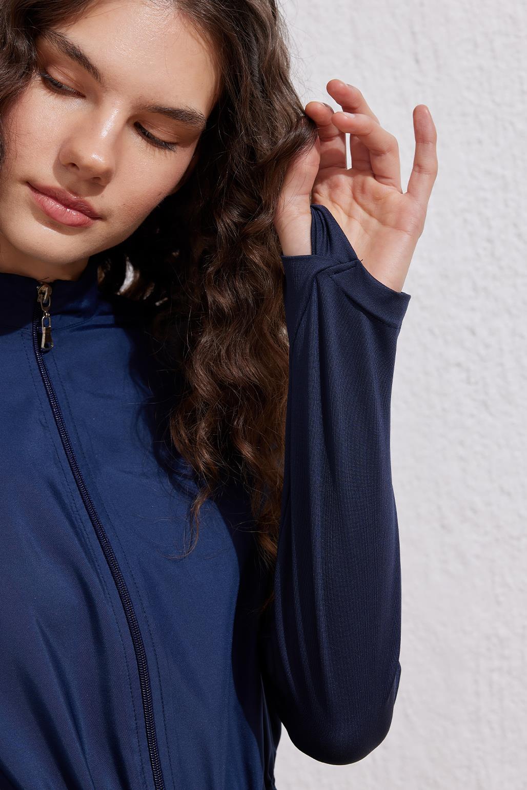 Uzun Kollu Beli Büzgülü Tesettür Mayo