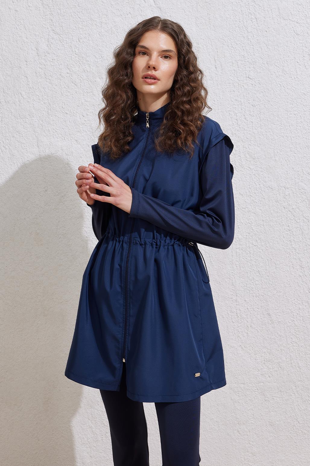 Lacivert Beli Büzgülü Fermuarlı Tesettür Mayo Takım