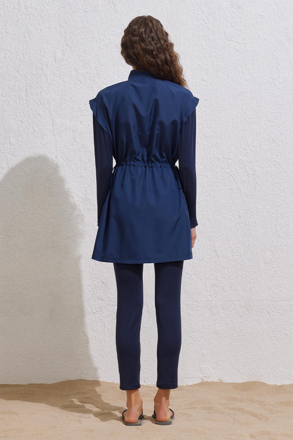 Paraşüt Beli Büzgülü Fermuarlı Tesettür Mayo Takım Lacivert