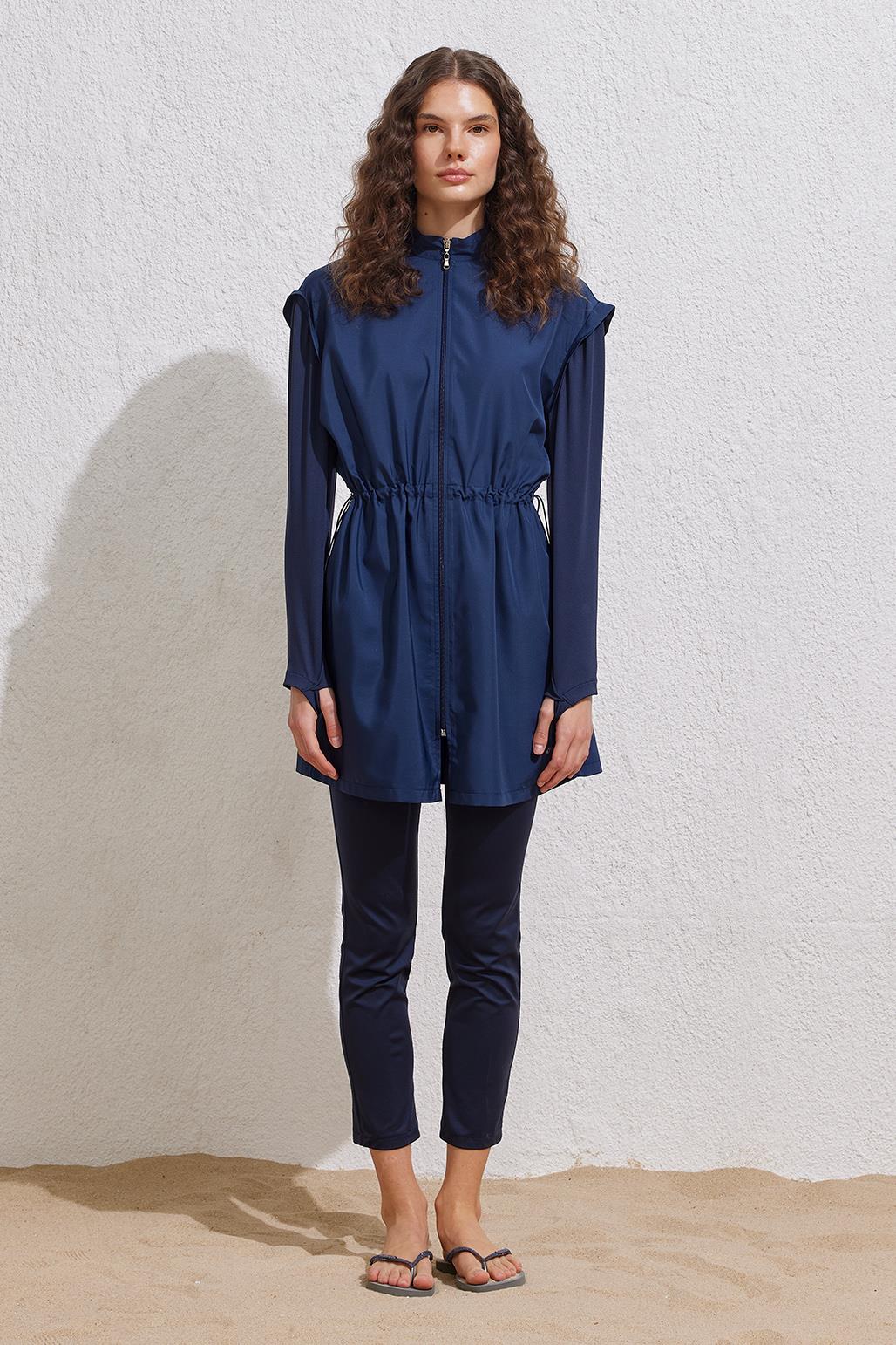 Lacivert Fermuarlı Beli Büzgülü Tesettür Mayo Takımı