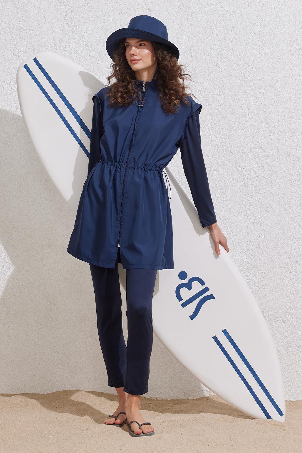 Lacivert Tesettür Mayo Takım Beli Büzgülü Fermuarlı