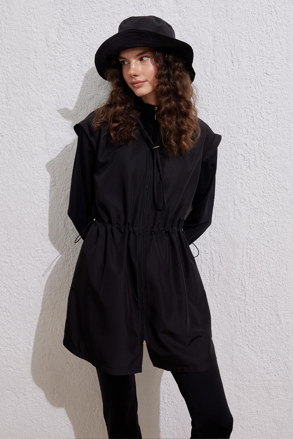 Siyah Paraşüt Beli Büzgülü Fermuarlı Tesettür Mayo Takım