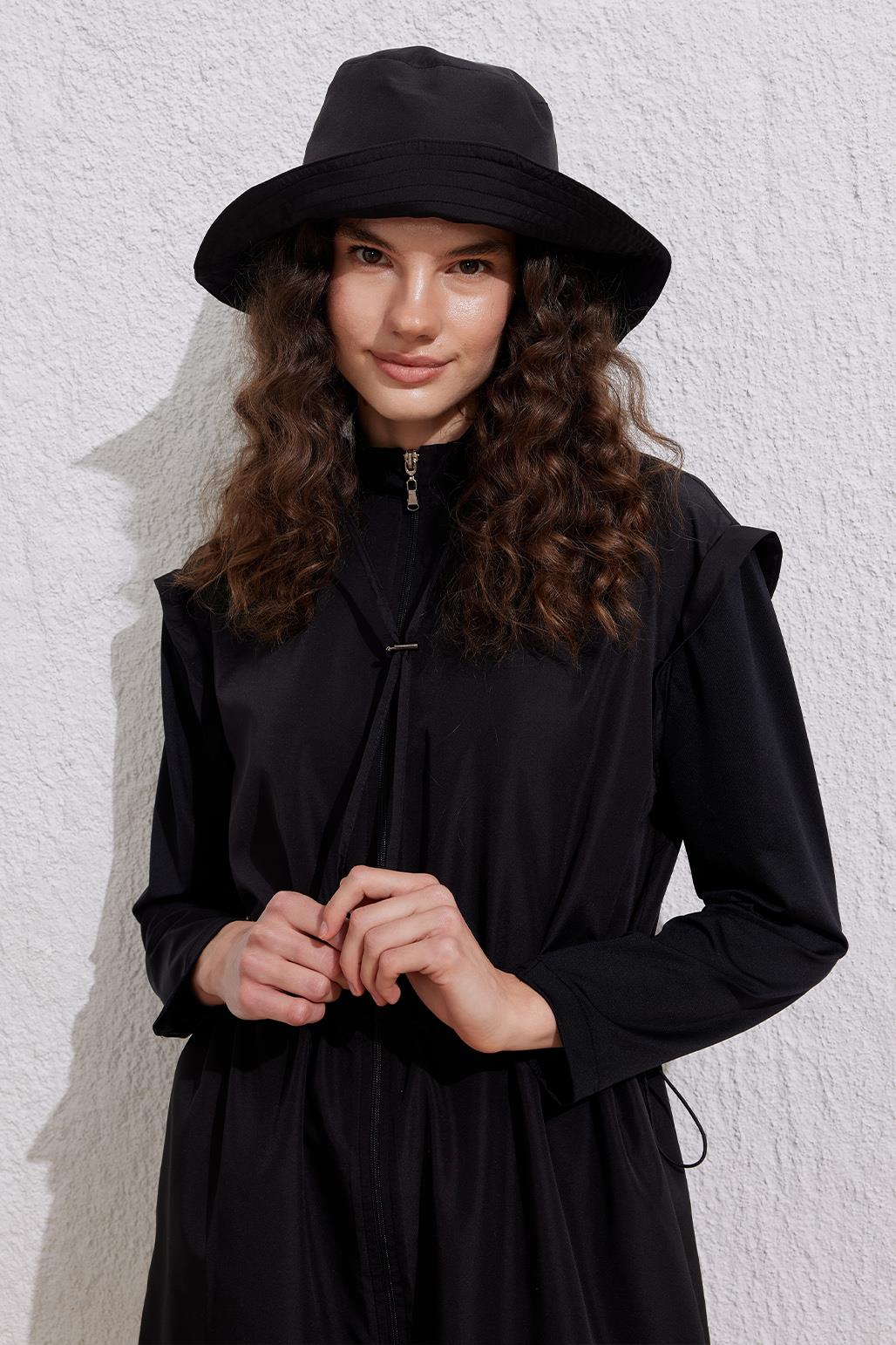 Tesettür Mayo Takım Siyah Paraşüt Beli Büzgülü Fermuarlı