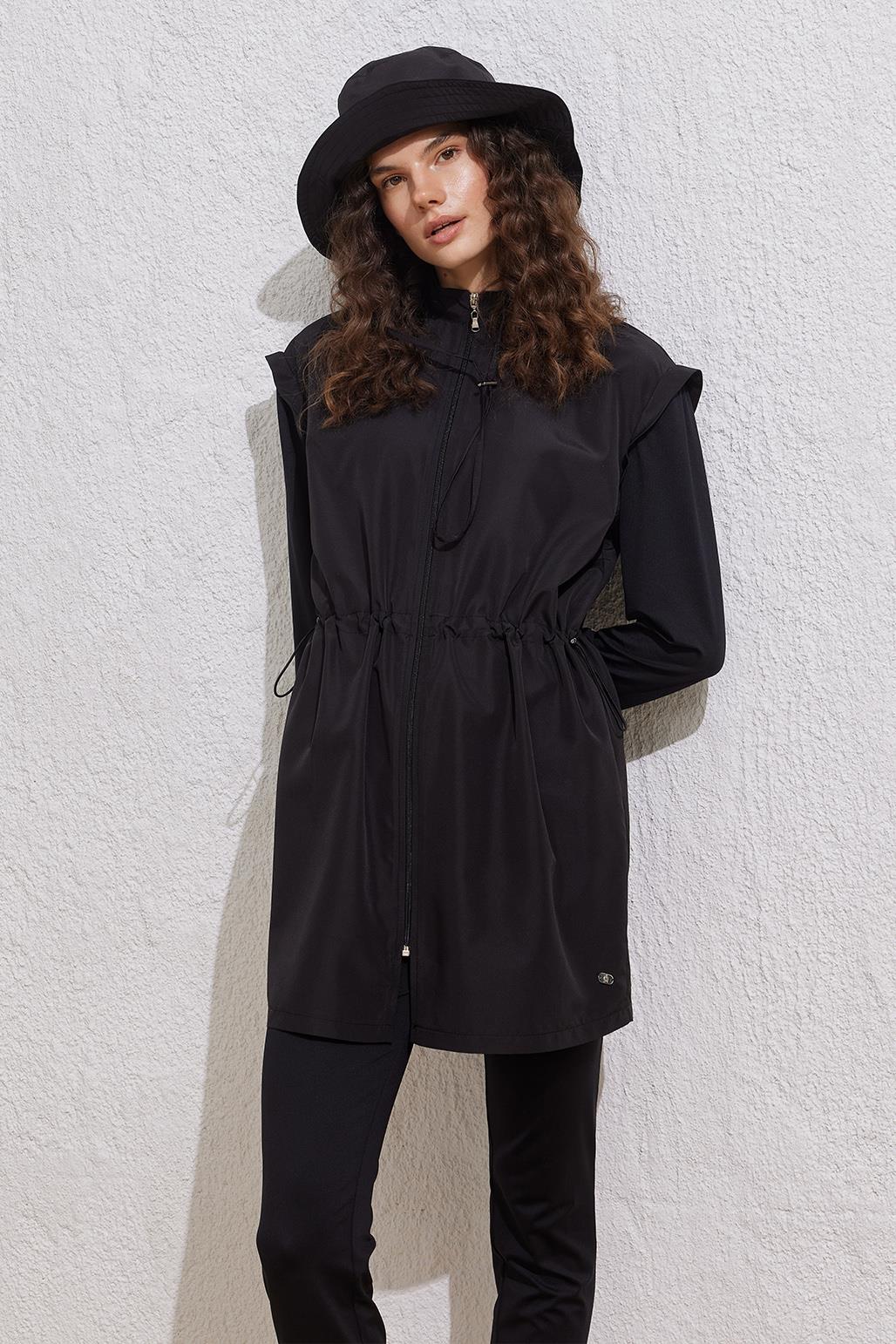 Paraşüt Beli Büzgülü Fermuarlı Tesettür Mayo Takım Siyah