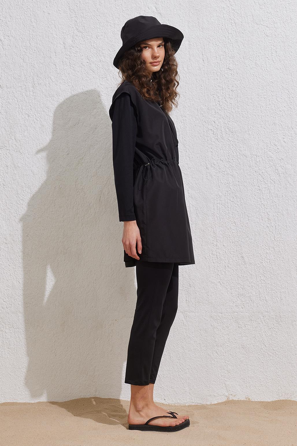 Siyah Tesettür Mayo Takım Paraşüt Beli Büzgülü Fermuarlı