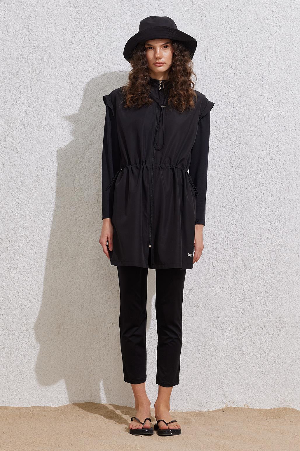 Fermuarlı Siyah Paraşüt Beli Büzgülü Tesettür Mayo Takım