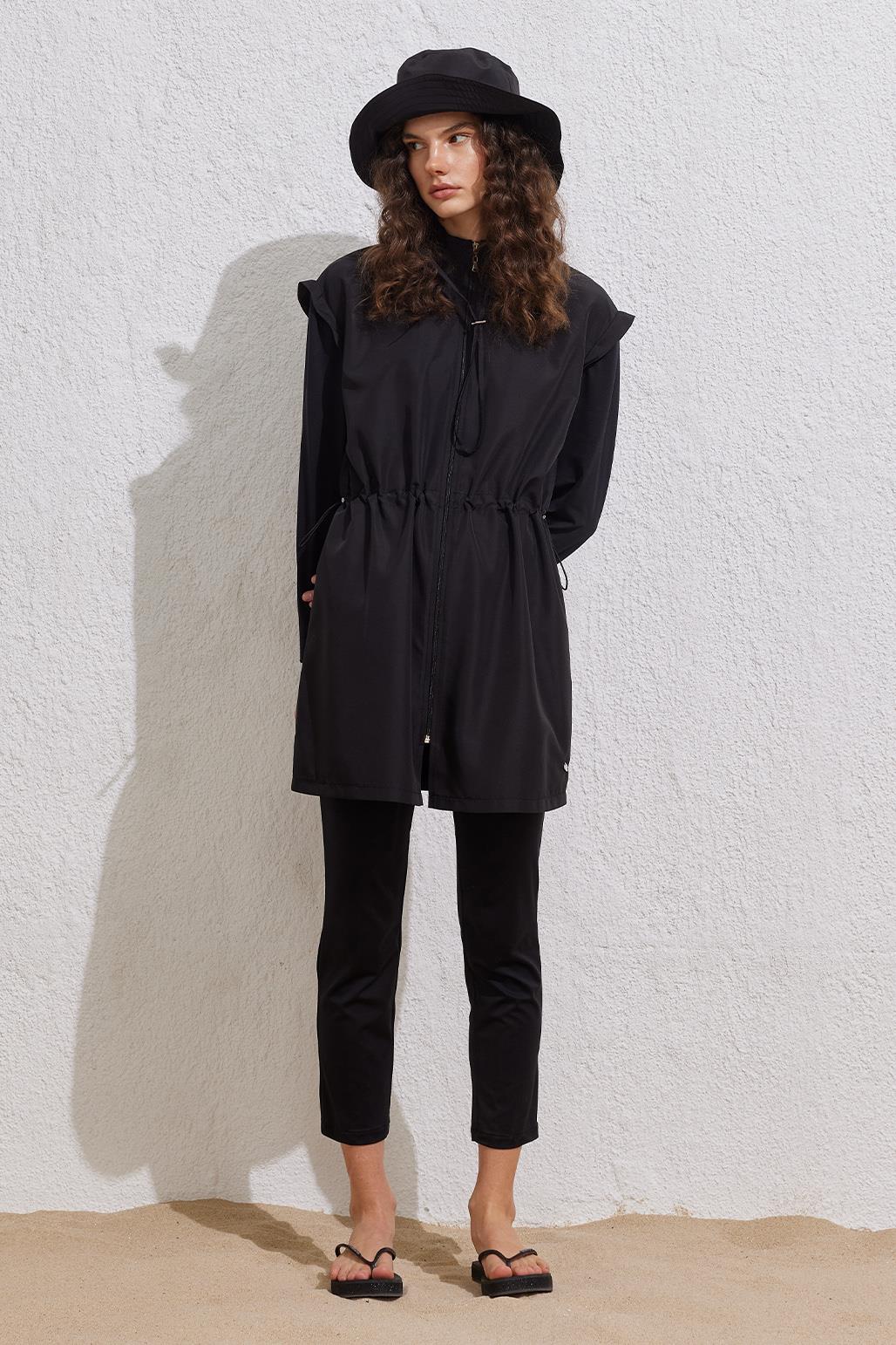 Paraşüt Beli Büzgülü Siyah Fermuarlı Tesettür Mayo Takımı