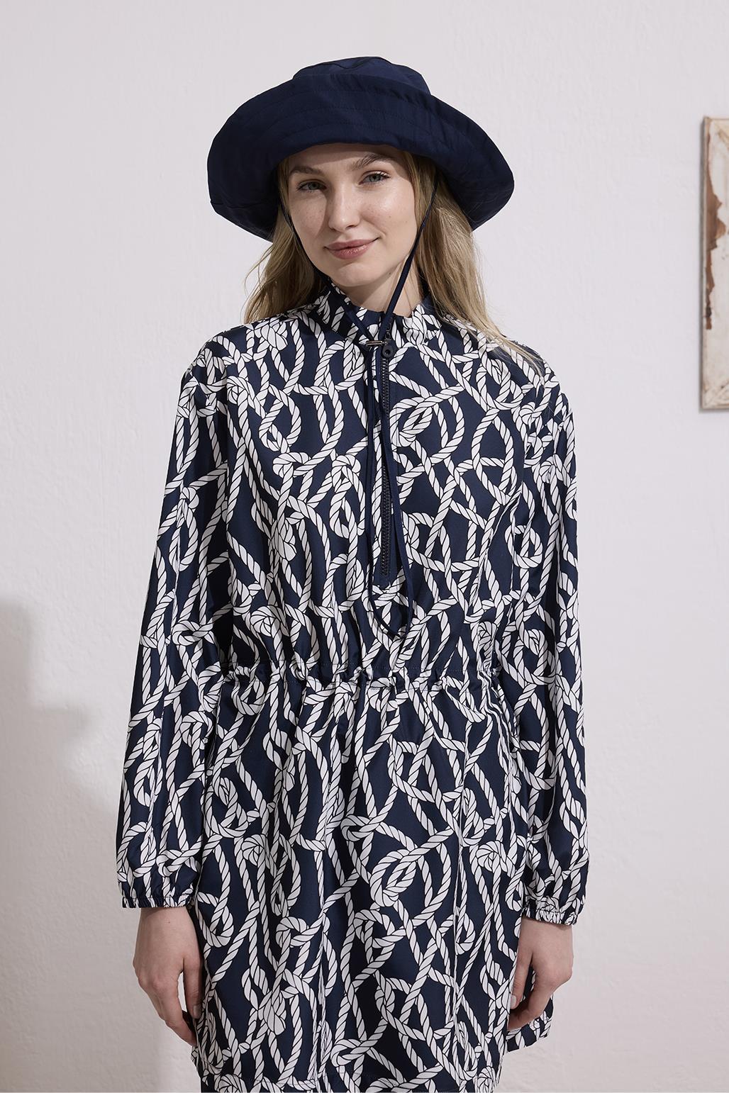 Desenli Lacivert Büzgülü Tesettür Mayo