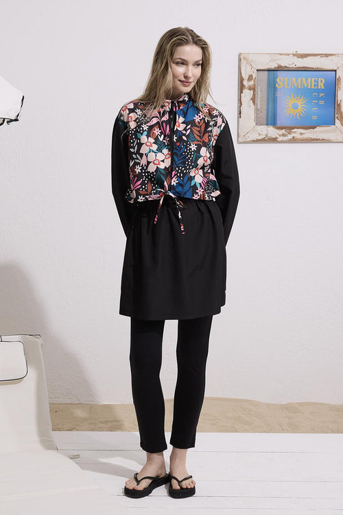 Paraşüt Desenli Bağlamalı Tesettür Mayo Takım Siyah