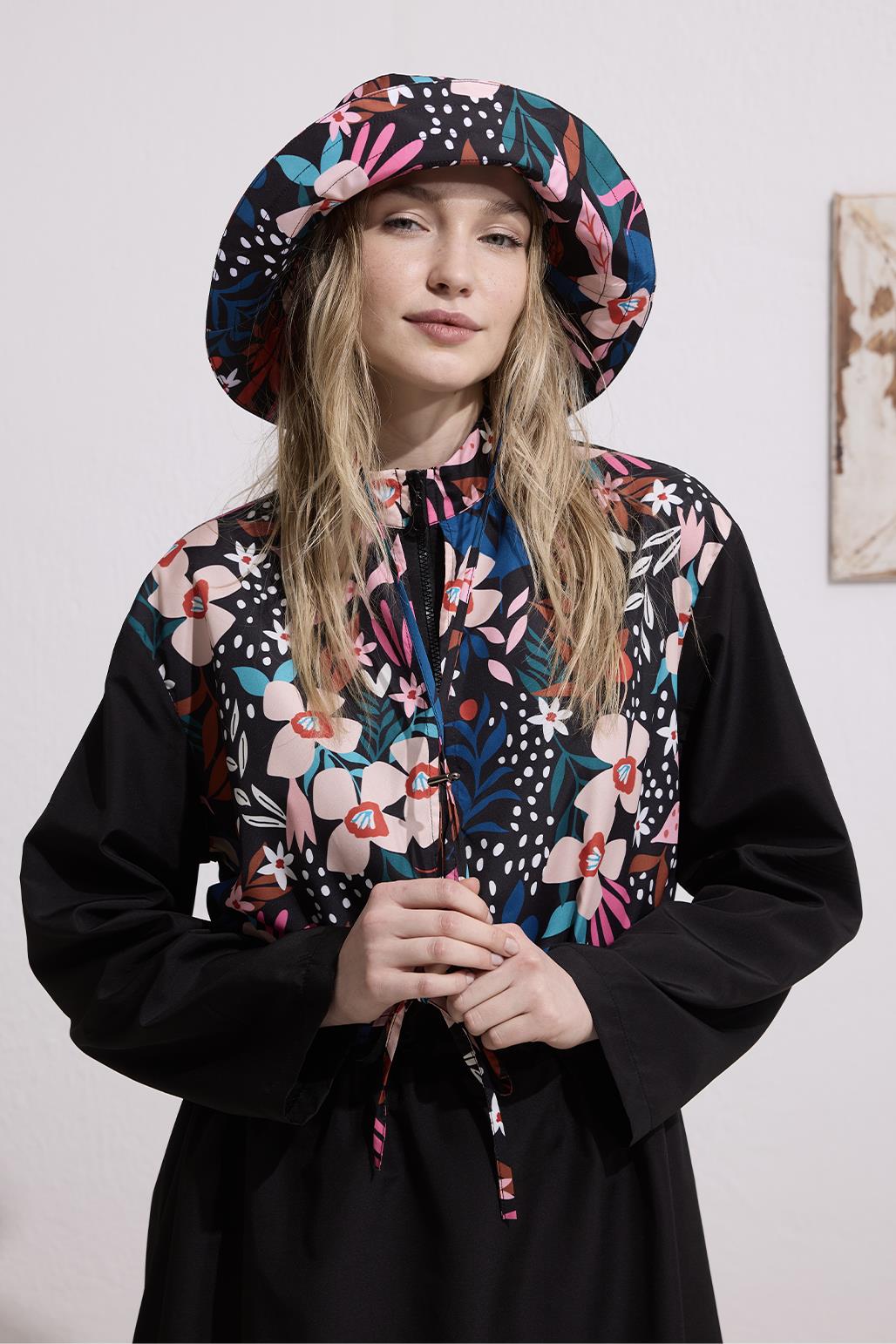 Lacivert Paraşüt Desenli Bağlamalı Tesettür Mayo Takım