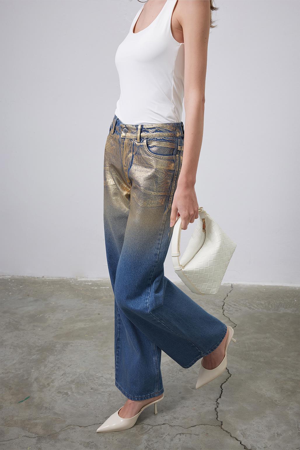 Parlak Baskı Desenli Palazzo Denim Pantolon Gold