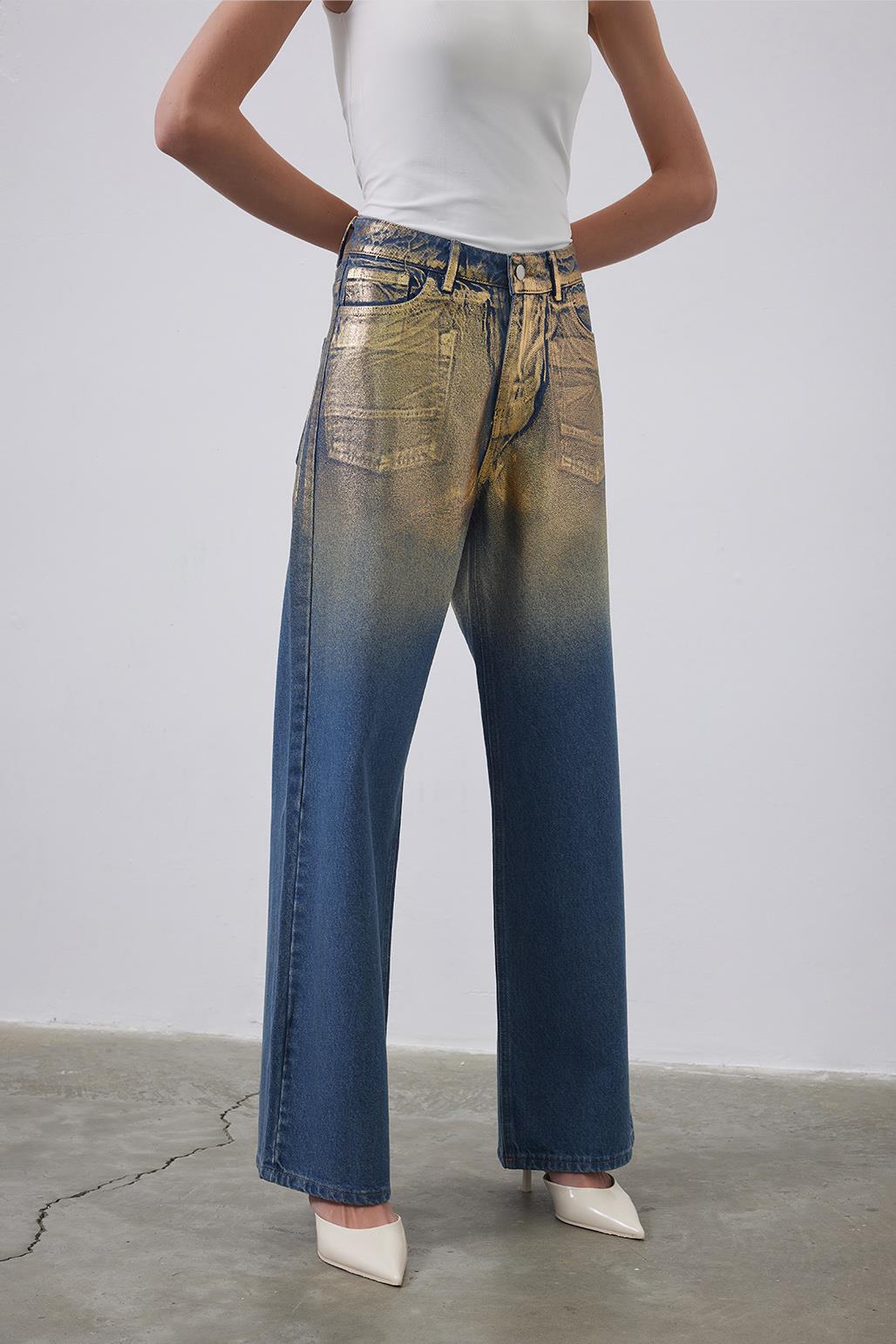 Parlak Baskı Desenli Palazzo Denim Pantolon Gold
