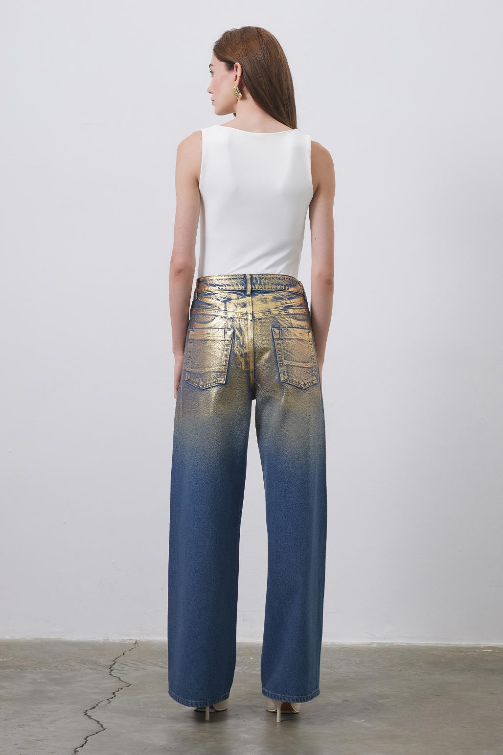 Parlak Baskı Desenli Palazzo Denim Pantolon Gold