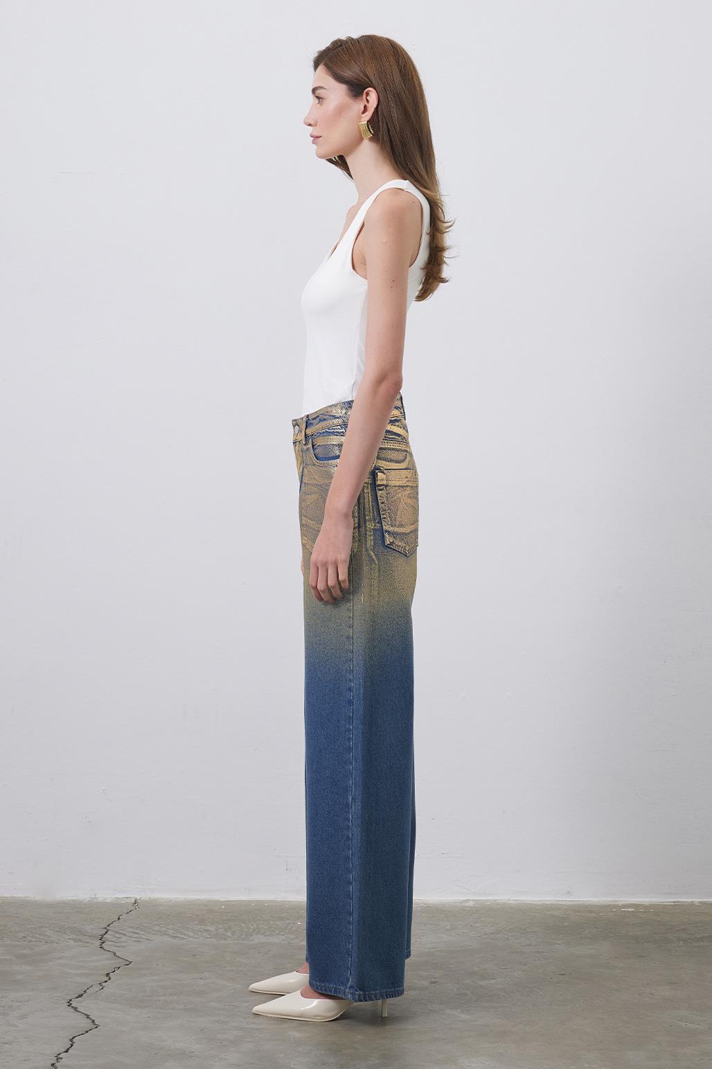Parlak Baskı Desenli Palazzo Denim Pantolon Gold
