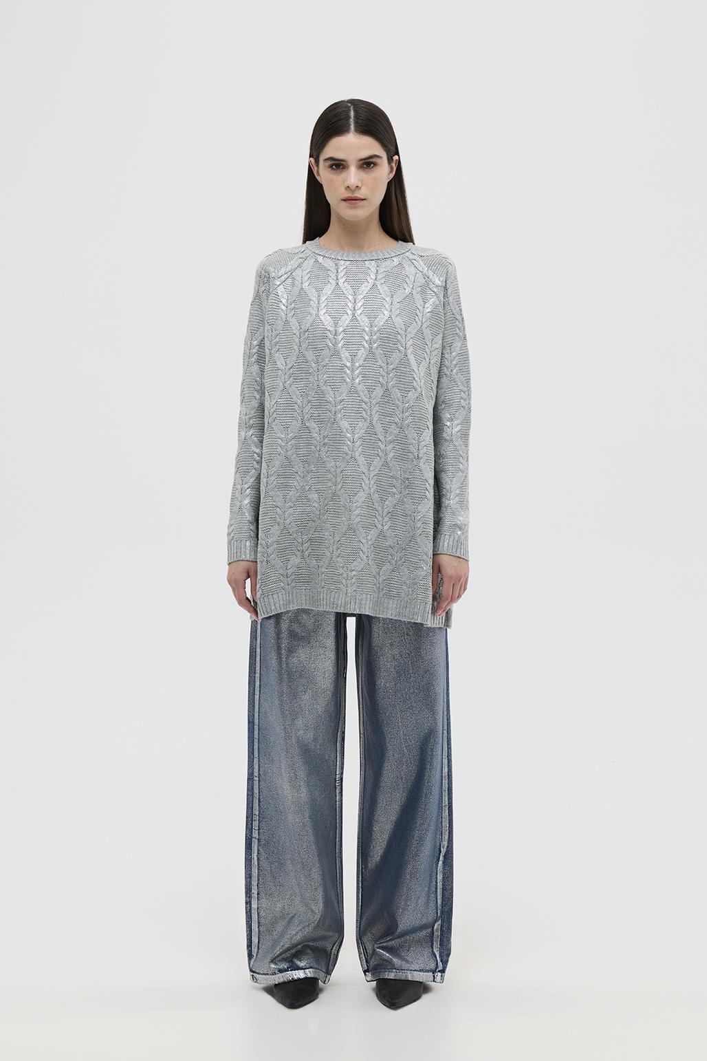 Parlak Baskı Sıvamalı Palazzo Denim Pantolon Silver