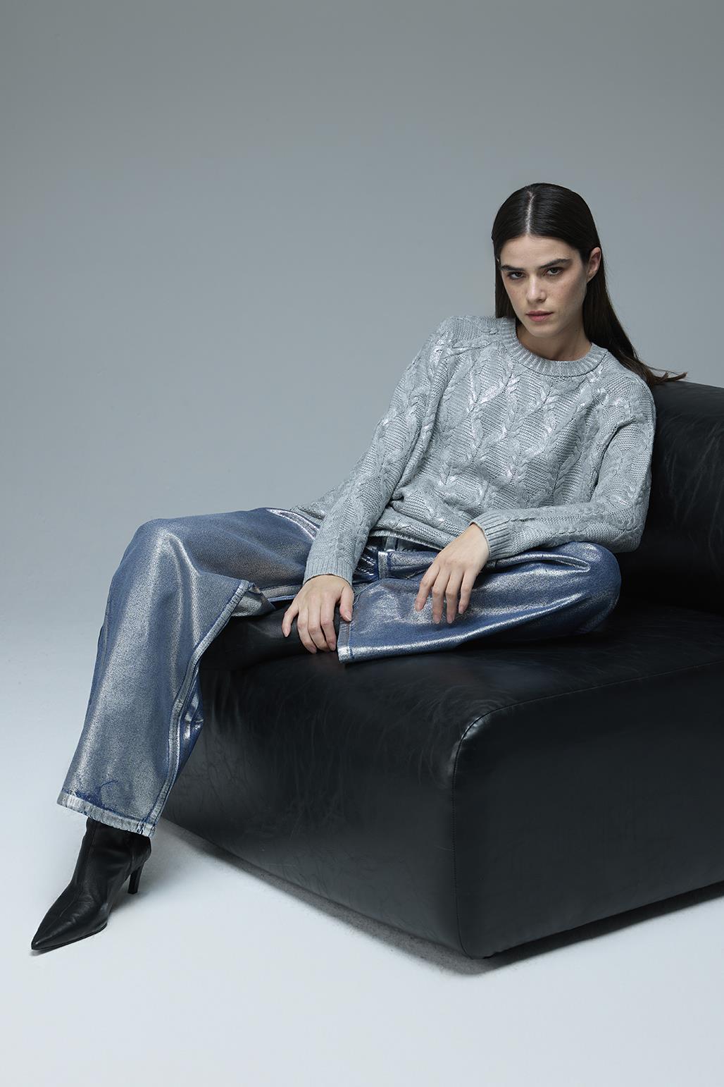 Parlak Baskı Sıvamalı Palazzo Denim Pantolon Silver