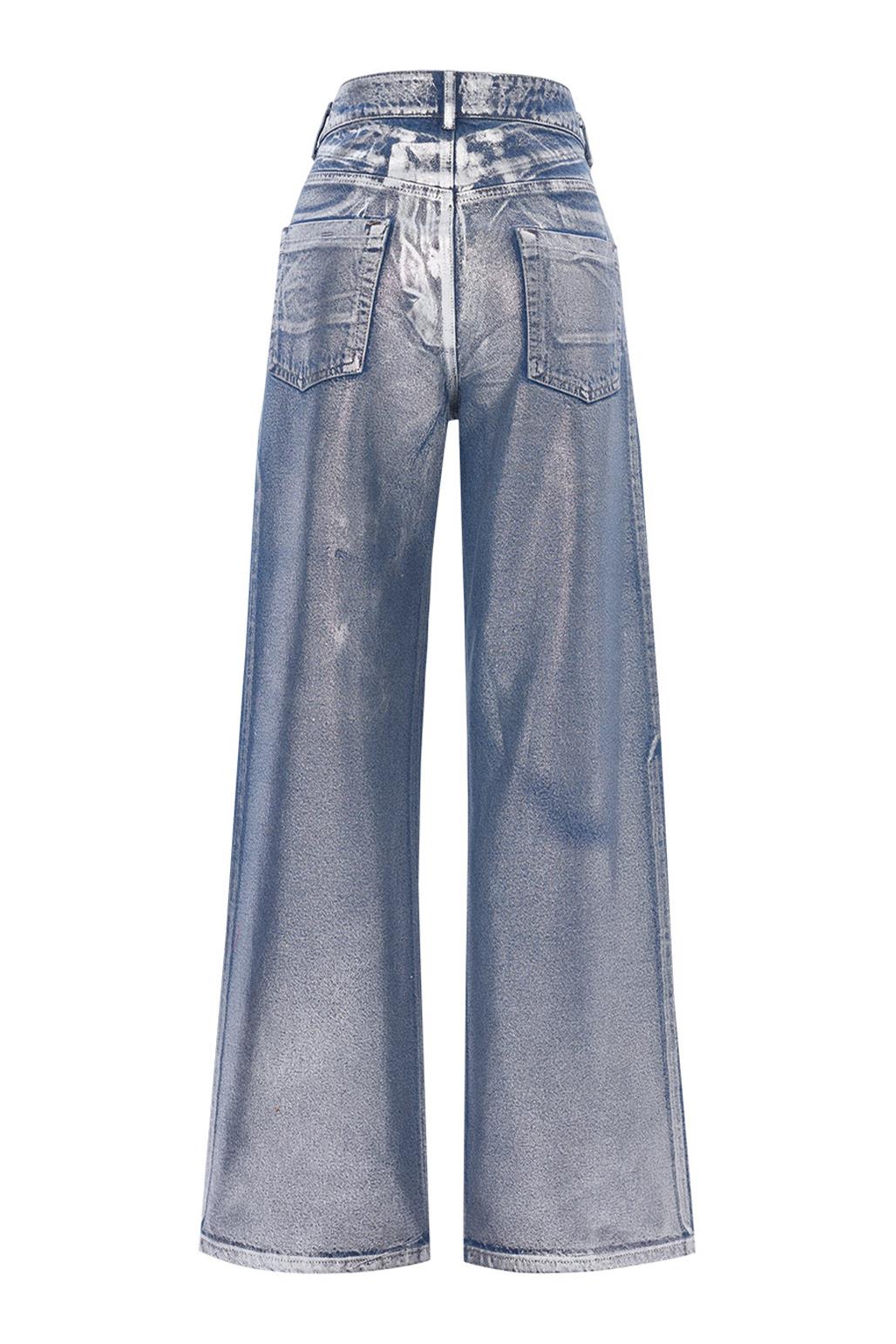 Parlak Baskı Sıvamalı Palazzo Denim Pantolon Silver