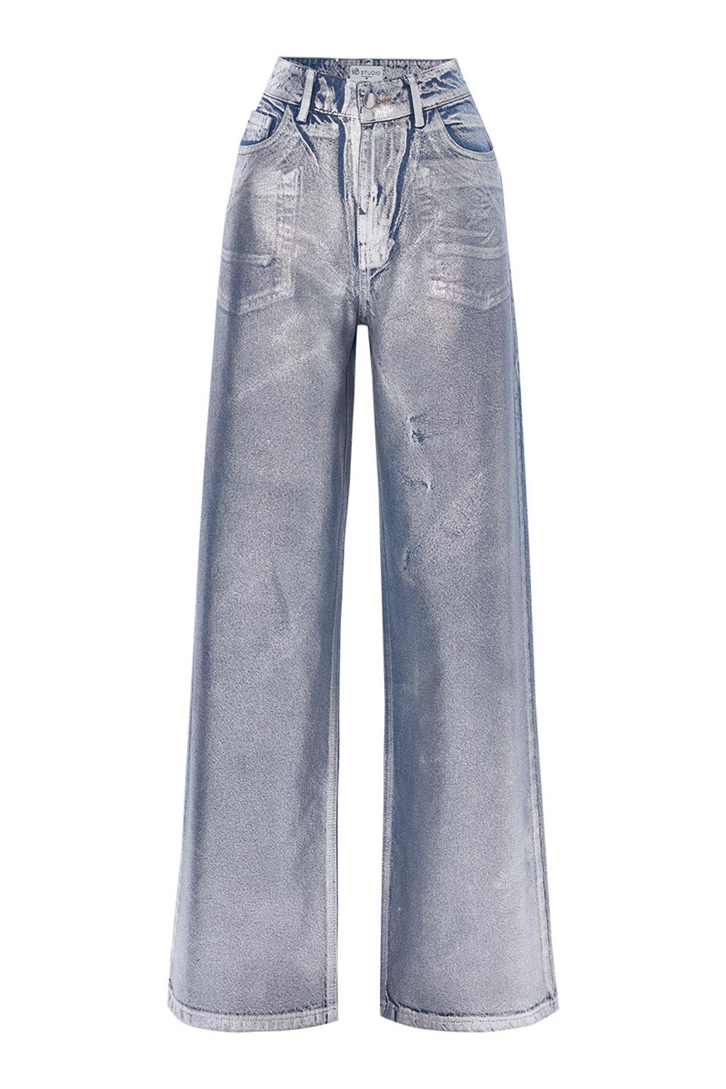 Parlak Baskı Sıvamalı Palazzo Denim Pantolon Silver