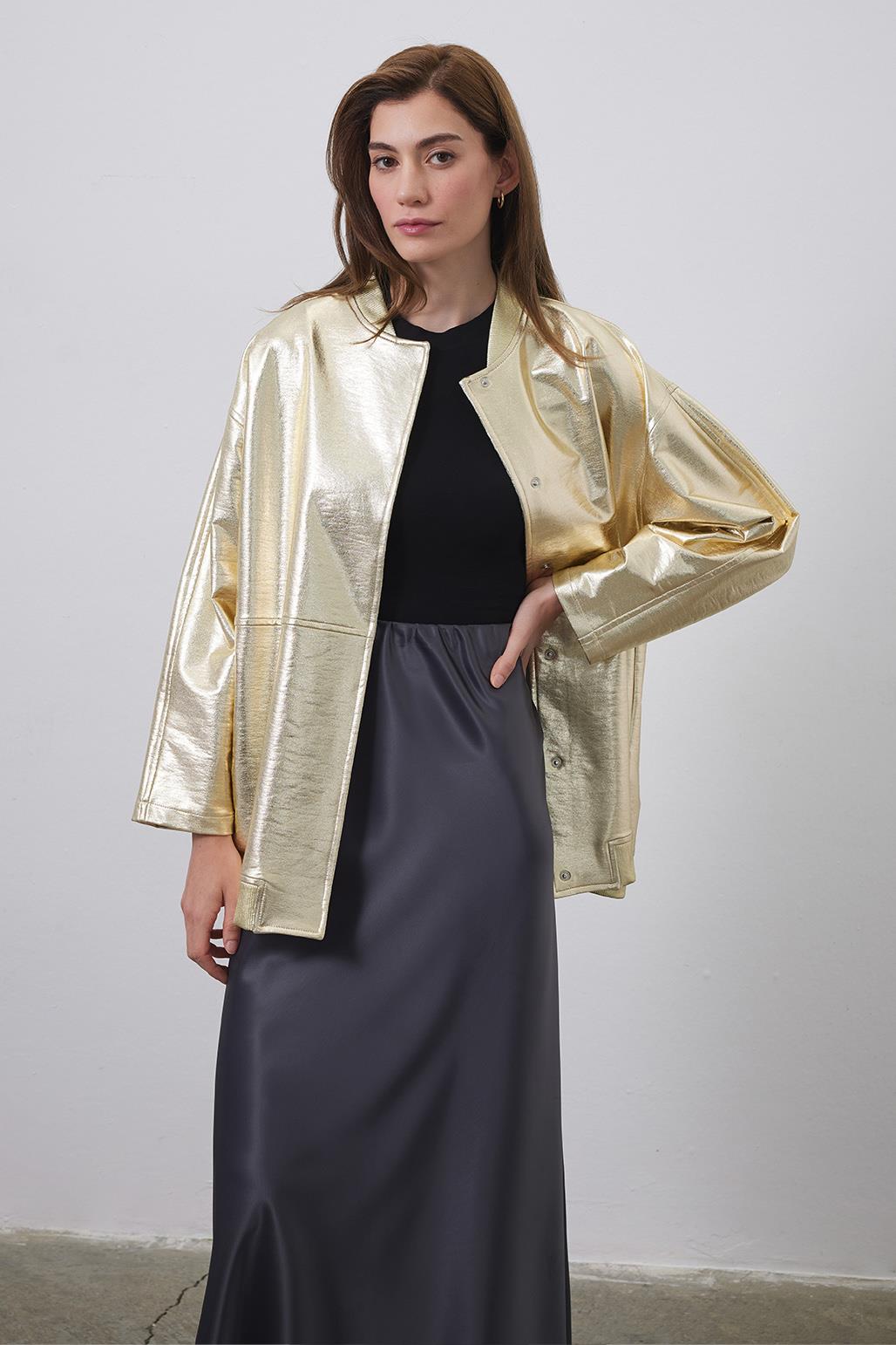 Parlak Bomber Ceket Gold