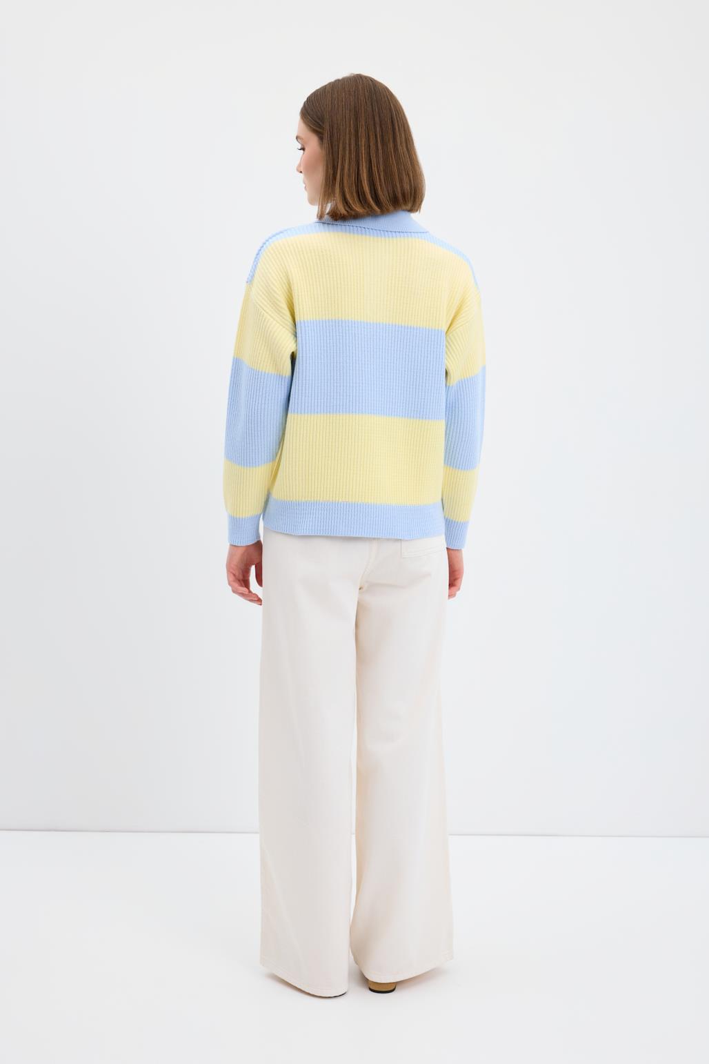 Polo Yaka Çift Renkli Triko Kazak Uçuk Mavi