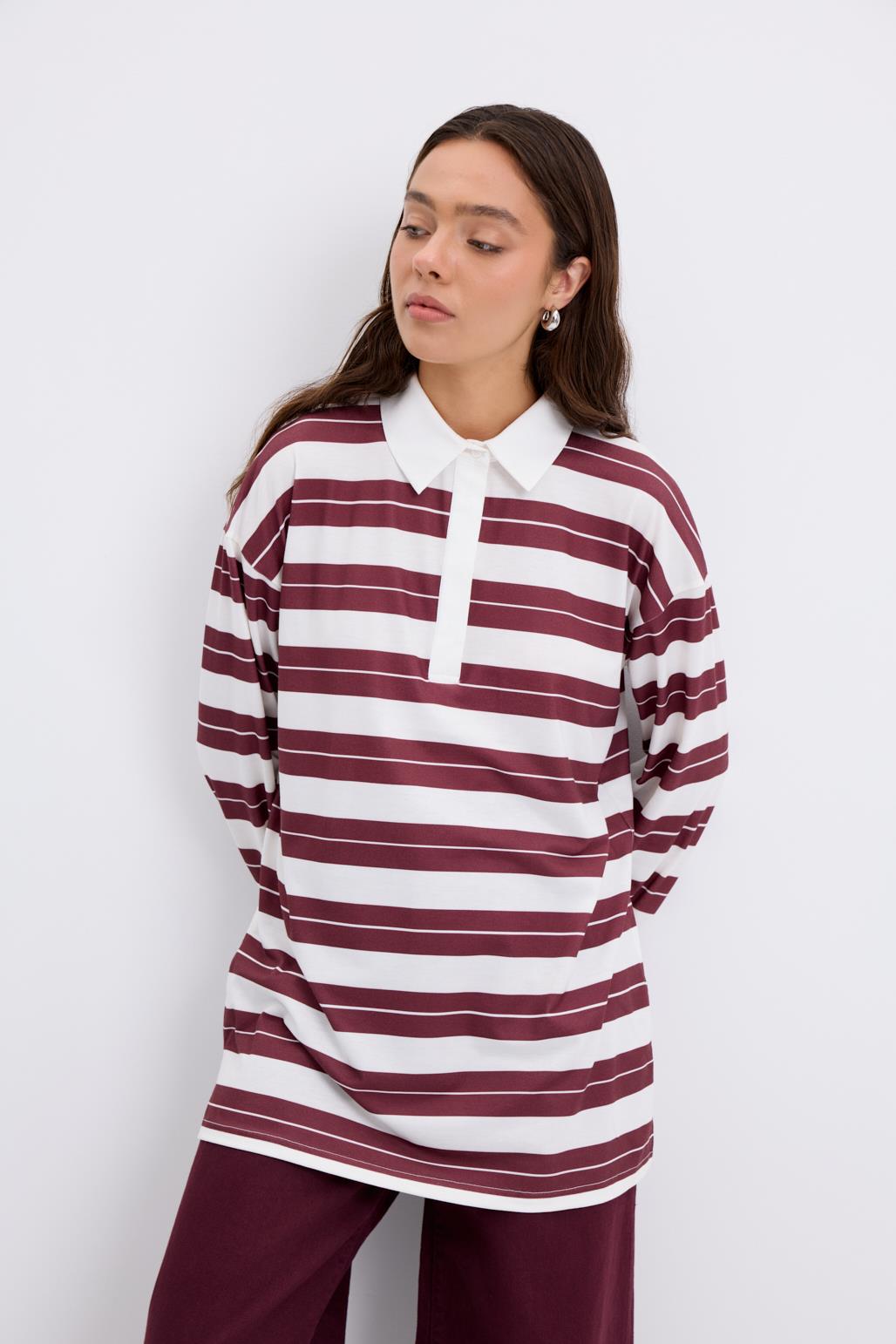 Polo Yaka Çizgili Sweatshirt Bordo