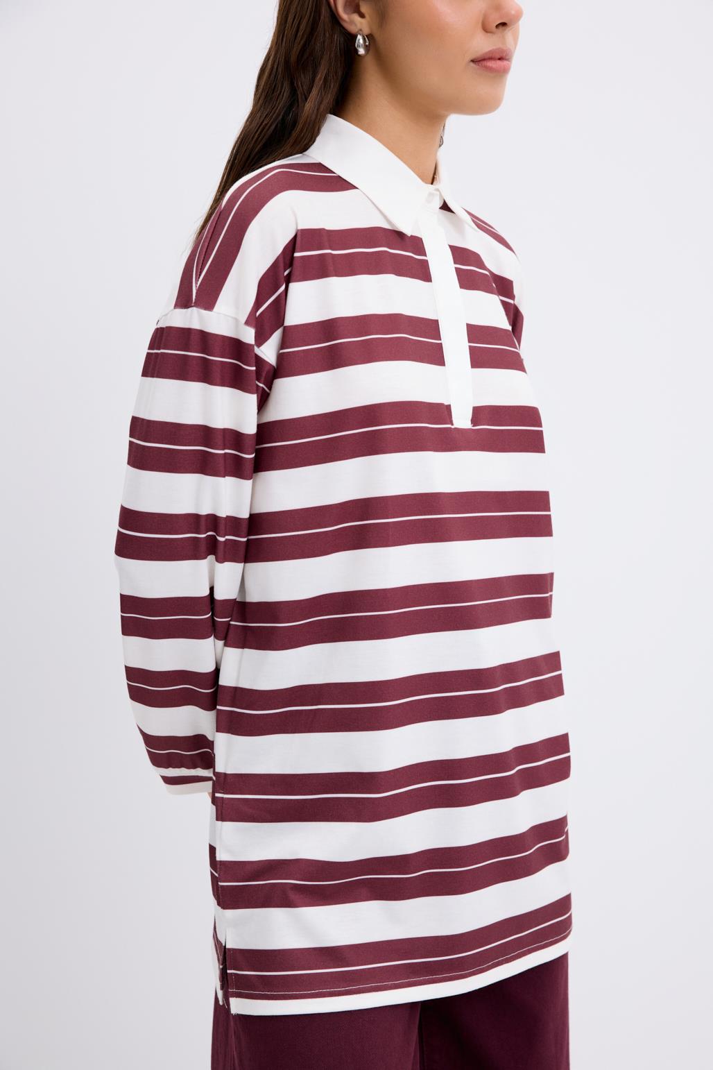 Polo Yaka Çizgili Sweatshirt Bordo