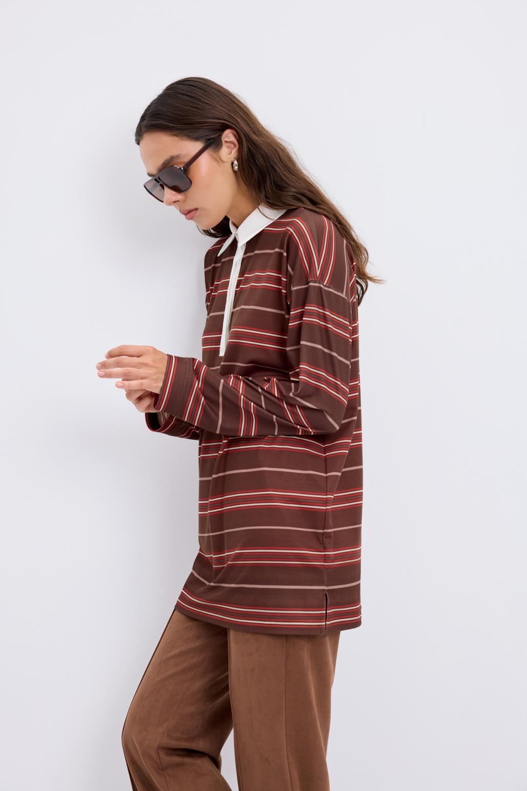 Polo Yaka Çizgili Sweatshirt Kahve