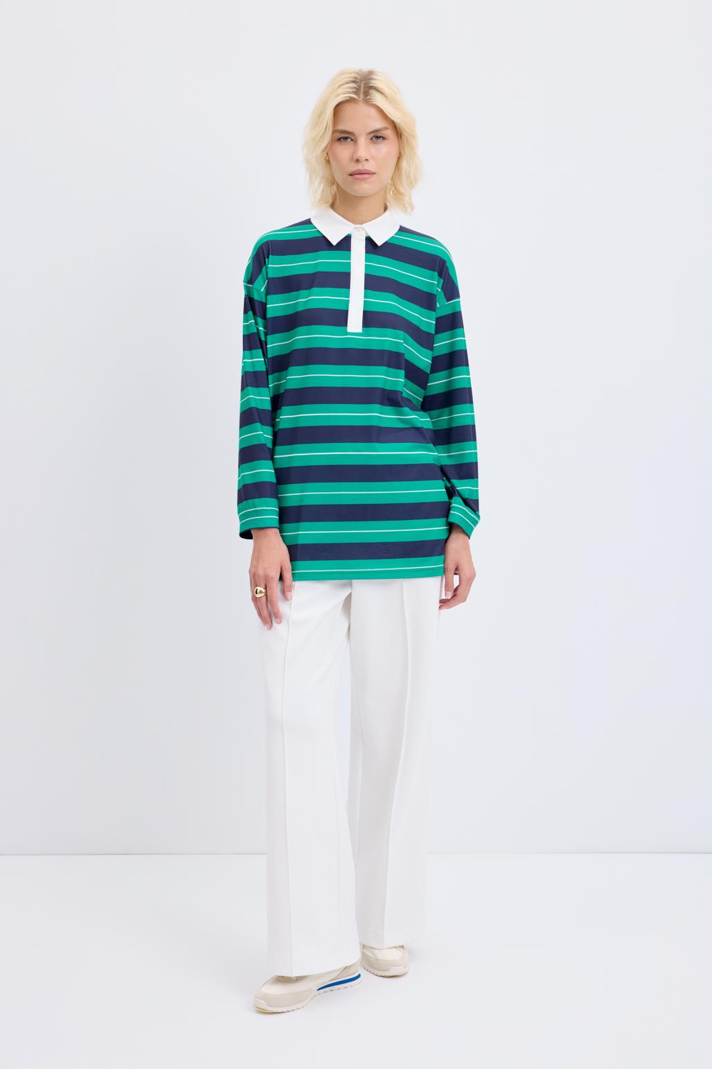 Polo Yaka Çizgili Sweatshirt Lacivert