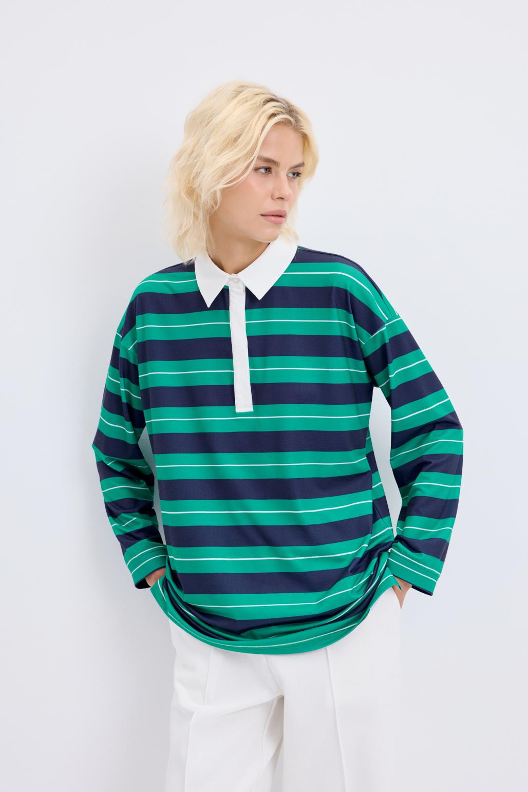 Polo Yaka Çizgili Sweatshirt Lacivert