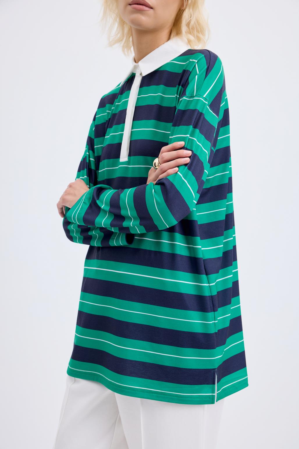 Polo Yaka Çizgili Sweatshirt Lacivert