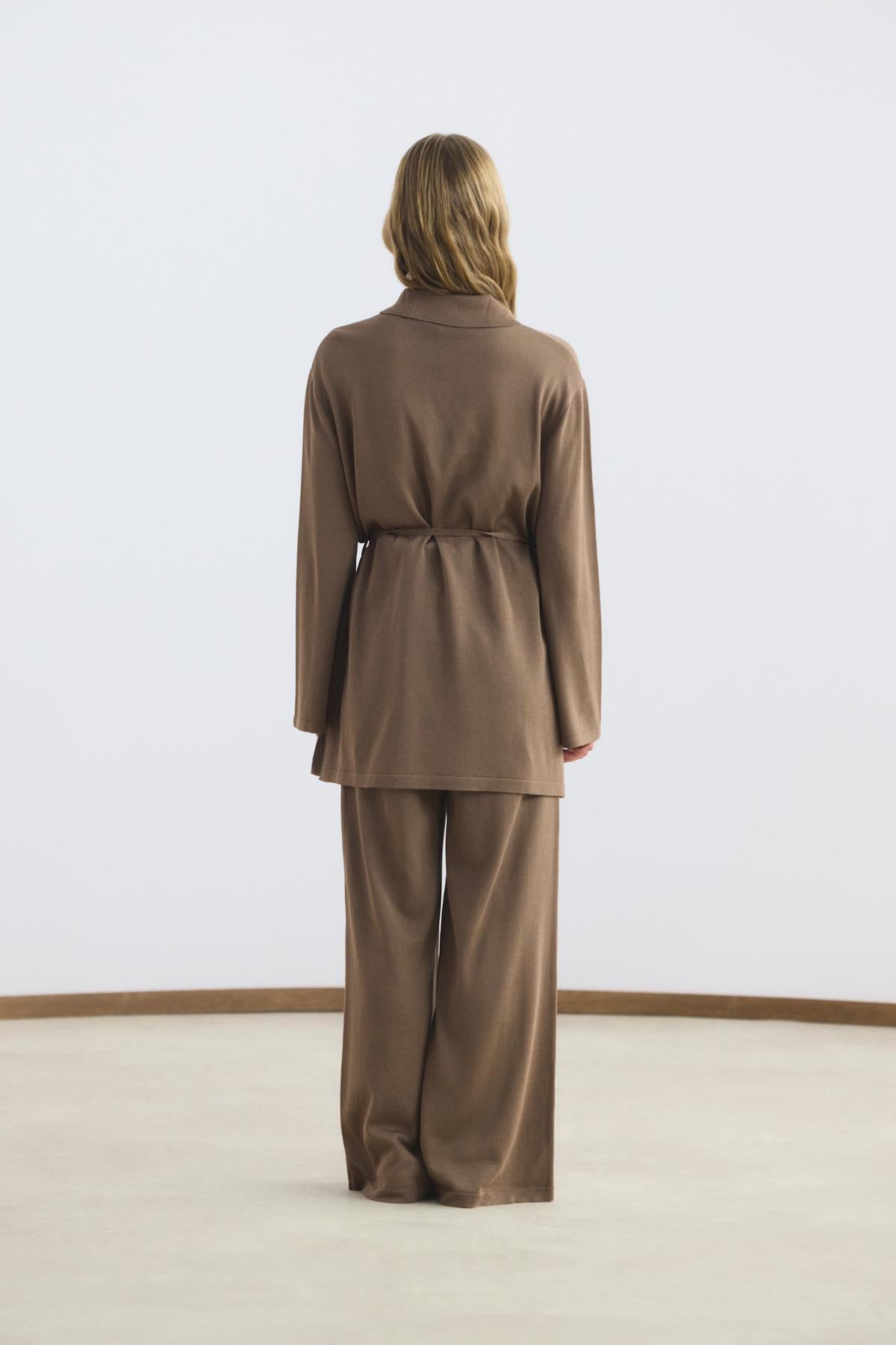 Polo Yaka İnce Triko Tunik Pantolon Takım Toprak