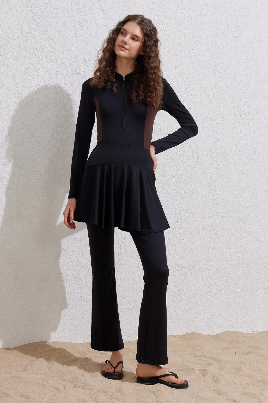 Renk Bloklu Uzun Kollu Yüzücü Mayo Siyah