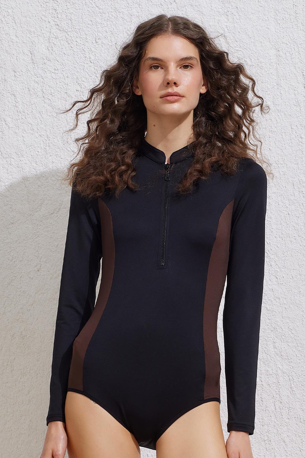 Renk Bloklu Uzun Kollu Yüzücü Mayo Siyah