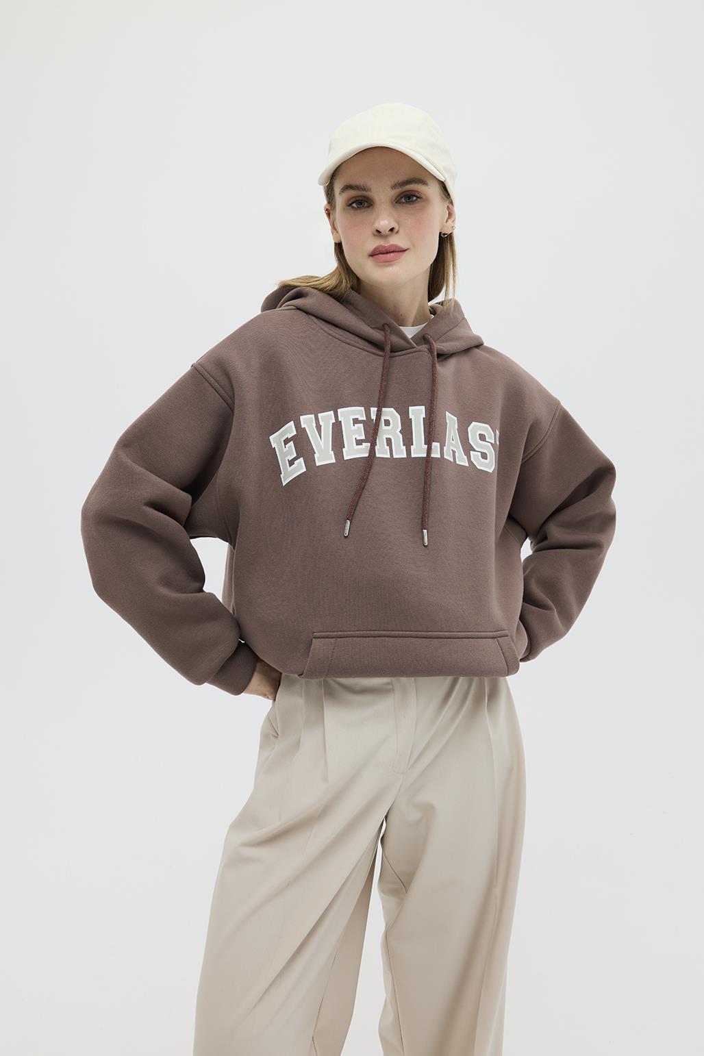Şardonlu Baskılı Oversize Sweatshirt Kahve