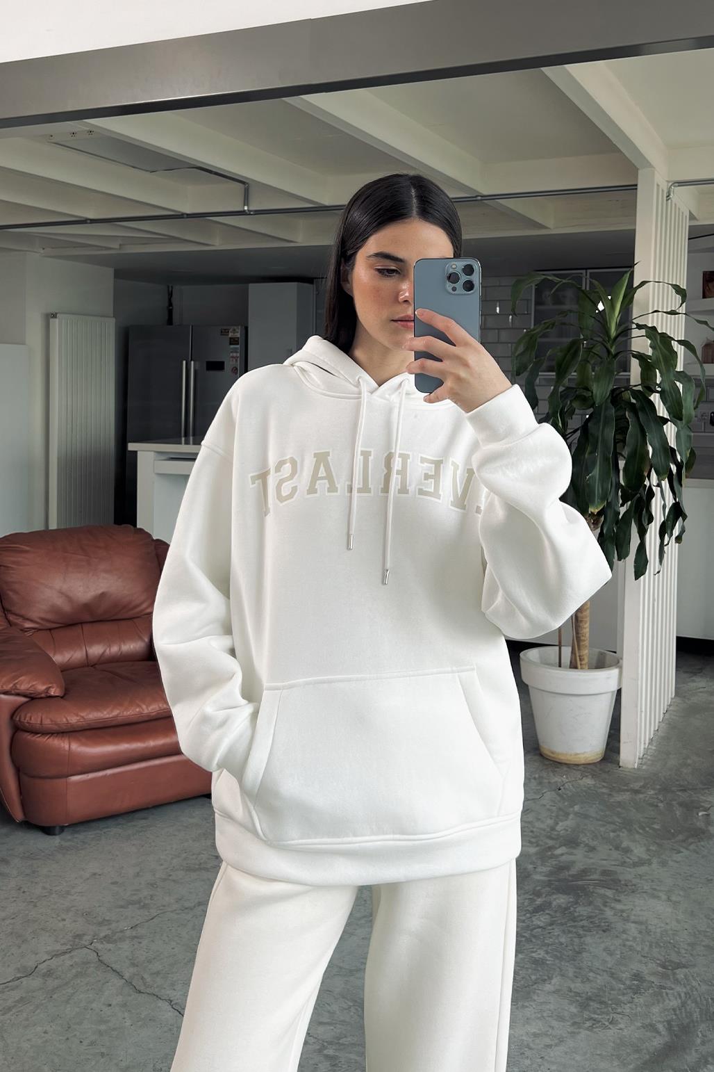 Şardonlu Baskılı Oversize Sweatshirt Beyaz