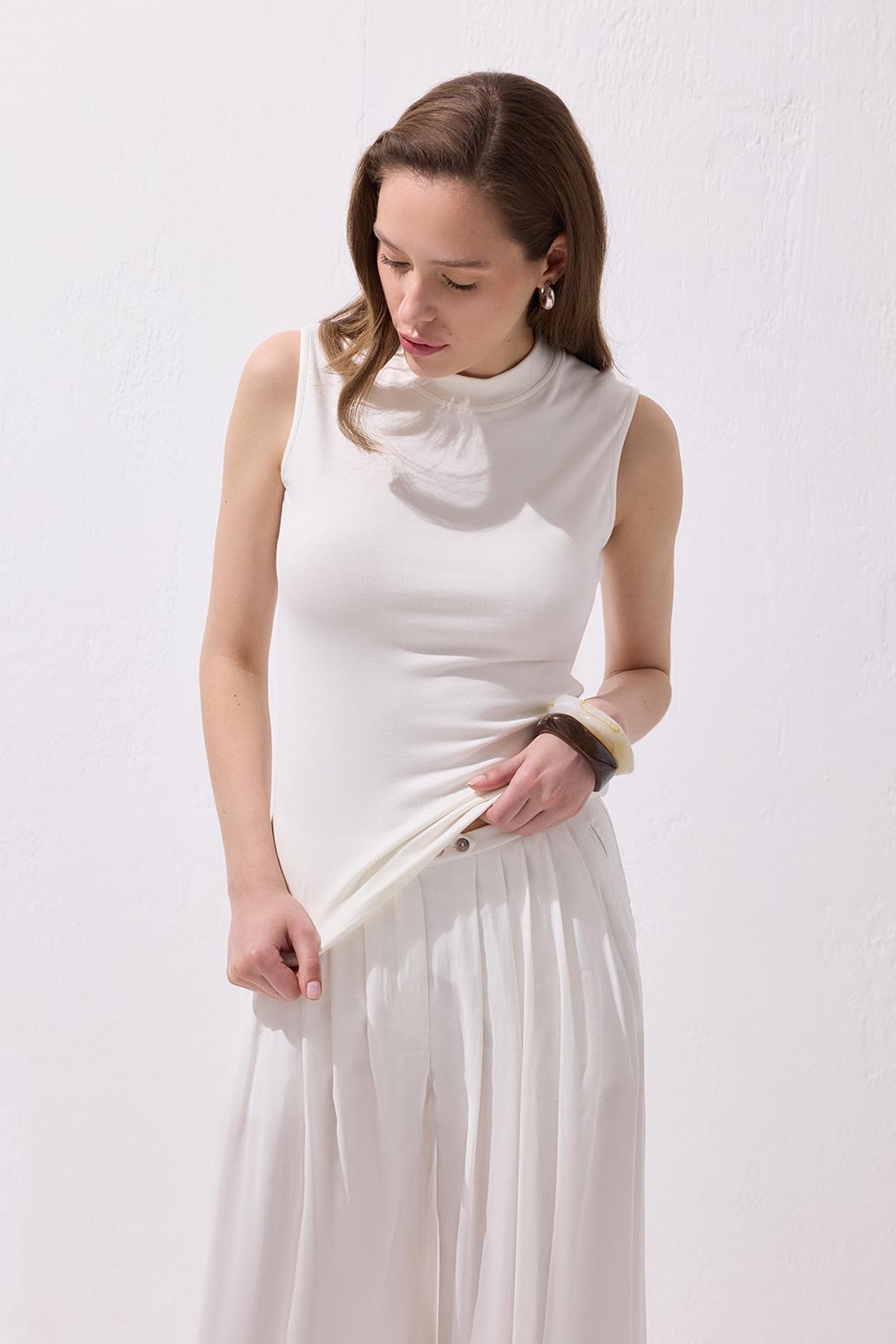 Sıfır Kol Likralı Pamuk Bady Ekru