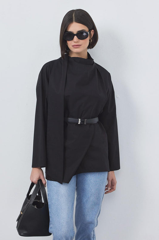 Sofia Poplin Fularlı Gömlek Siyah