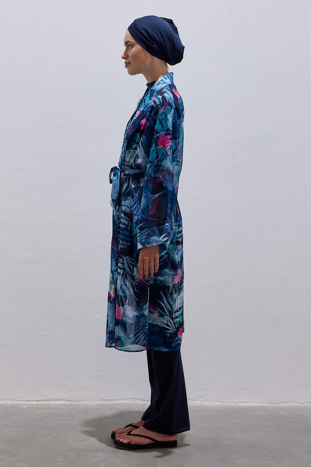 Tesettür Bağlamalı Pareo Abaya Mavi