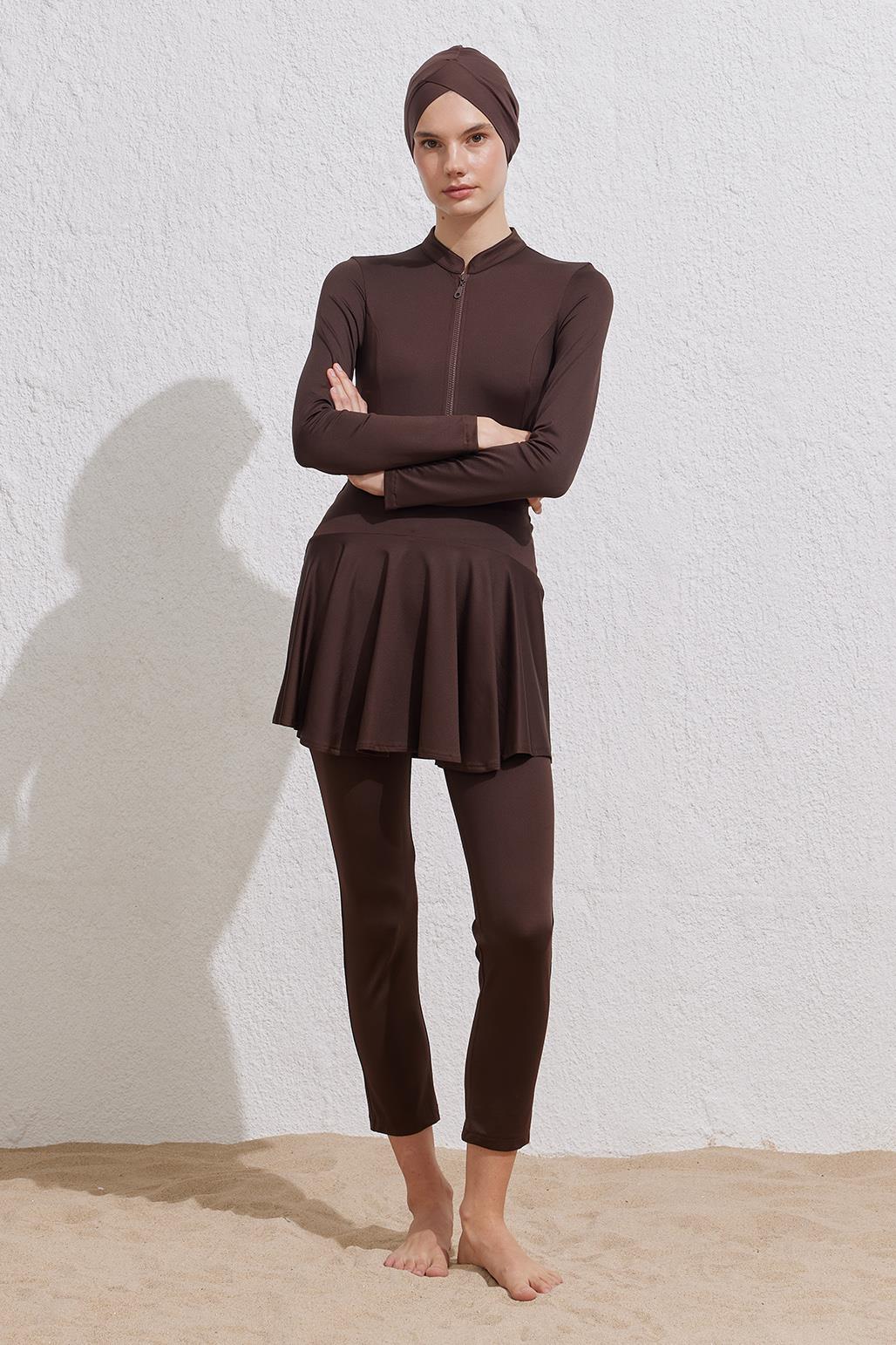 Tesettür Mayo Boru Paça Pantolon Kahve