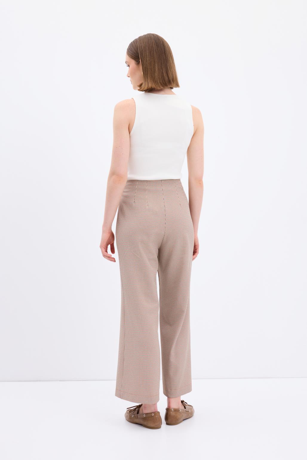 Yüksek Bel Fit Kesim Ekose Desenli Pantolon Kırmızı