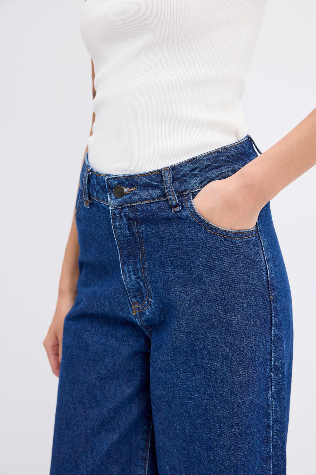 Yüksek Bel Geniş Paça Gabardin Pantolon Koyu Mavi
