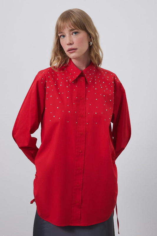 Anita Büzgülü Taşlı Gömlek Kırmızı