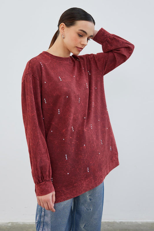 Anna Taşlı Sweatshirt Bordo