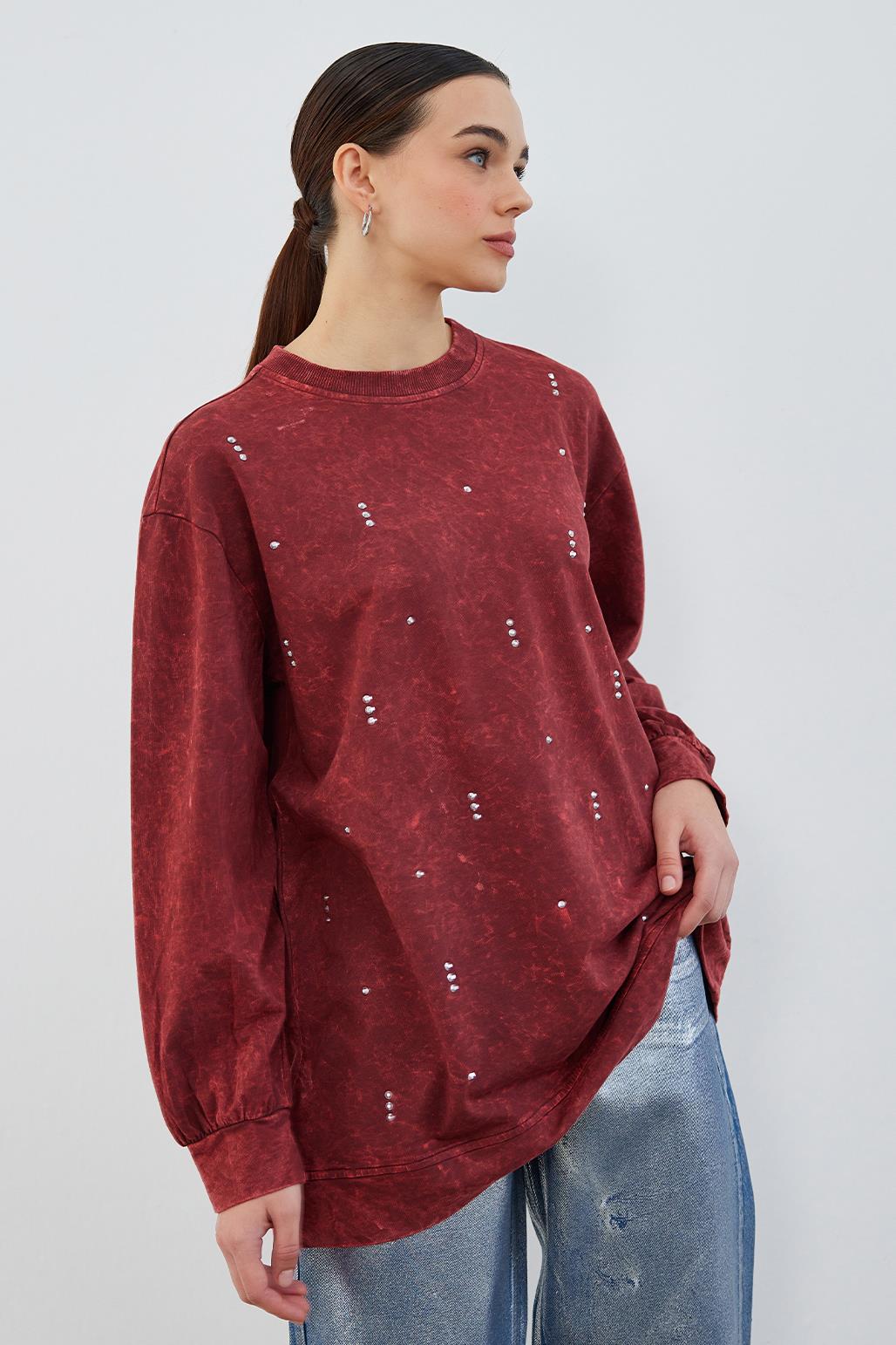 Anna Taşlı Sweatshirt Bordo