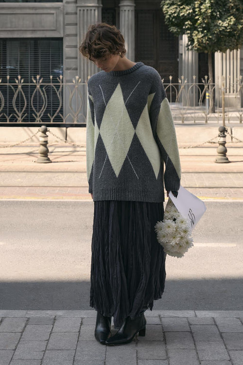 Baklava Desenli Triko Kazak Gri