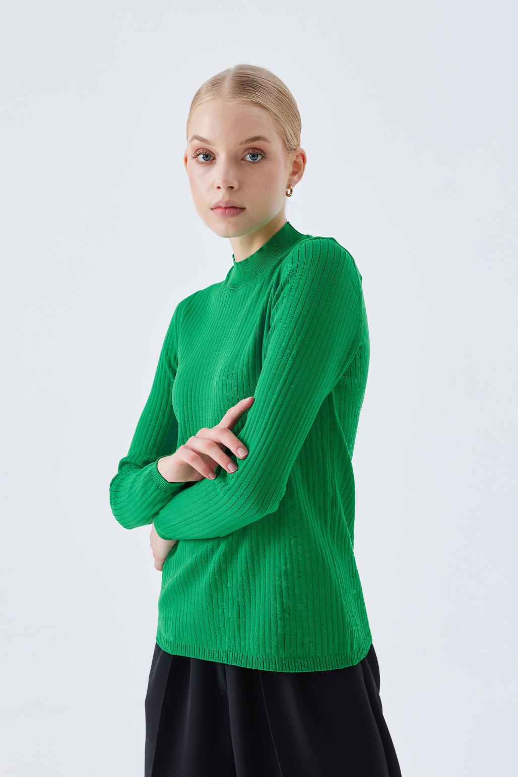 Basıc Fitilli Triko Bluz Yeşil